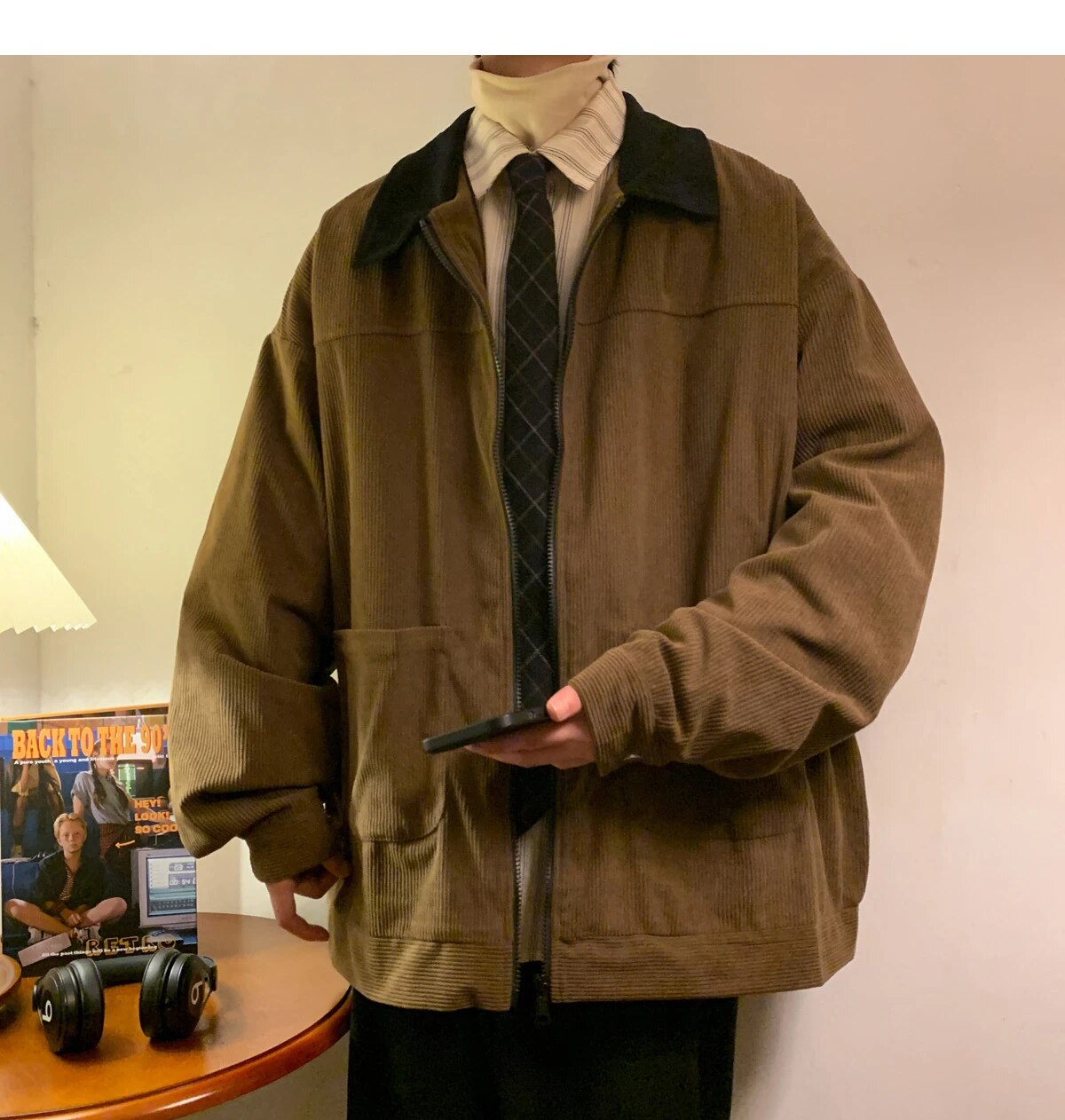 Wiaofellas New Jackets American Vintage High Street Zipper Jacket Men Autumn Winter Casual Male Oversize Loose Patchwork Corduroy Coat