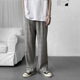 WIAOFELLAS -  Men's Plaid Business Casual Pants Stripe Blazer Suits Pants Loose Formal Wide Leg Pants Grey/khaki Social Trousers S-XL