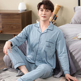 Wiaofellas Men Pajama Set Full Cotton Autumn Long Sleeve Solid Color Men Pyjama Suit Spring Nightwear Collar Pijama Male Sleepwear XXXXL