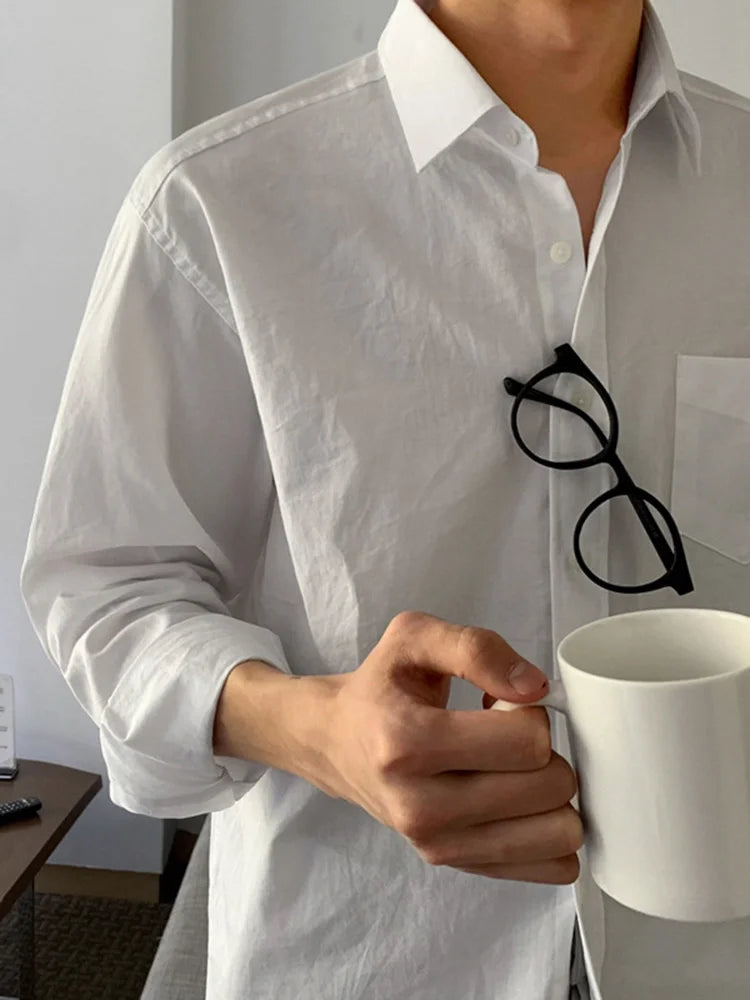 Wiaofellas  -  Long Men's Sleeved Turn down Neck Shirt New Solid Color Spring Korean Style Trend Loose Simple Casual Tops 2A1218