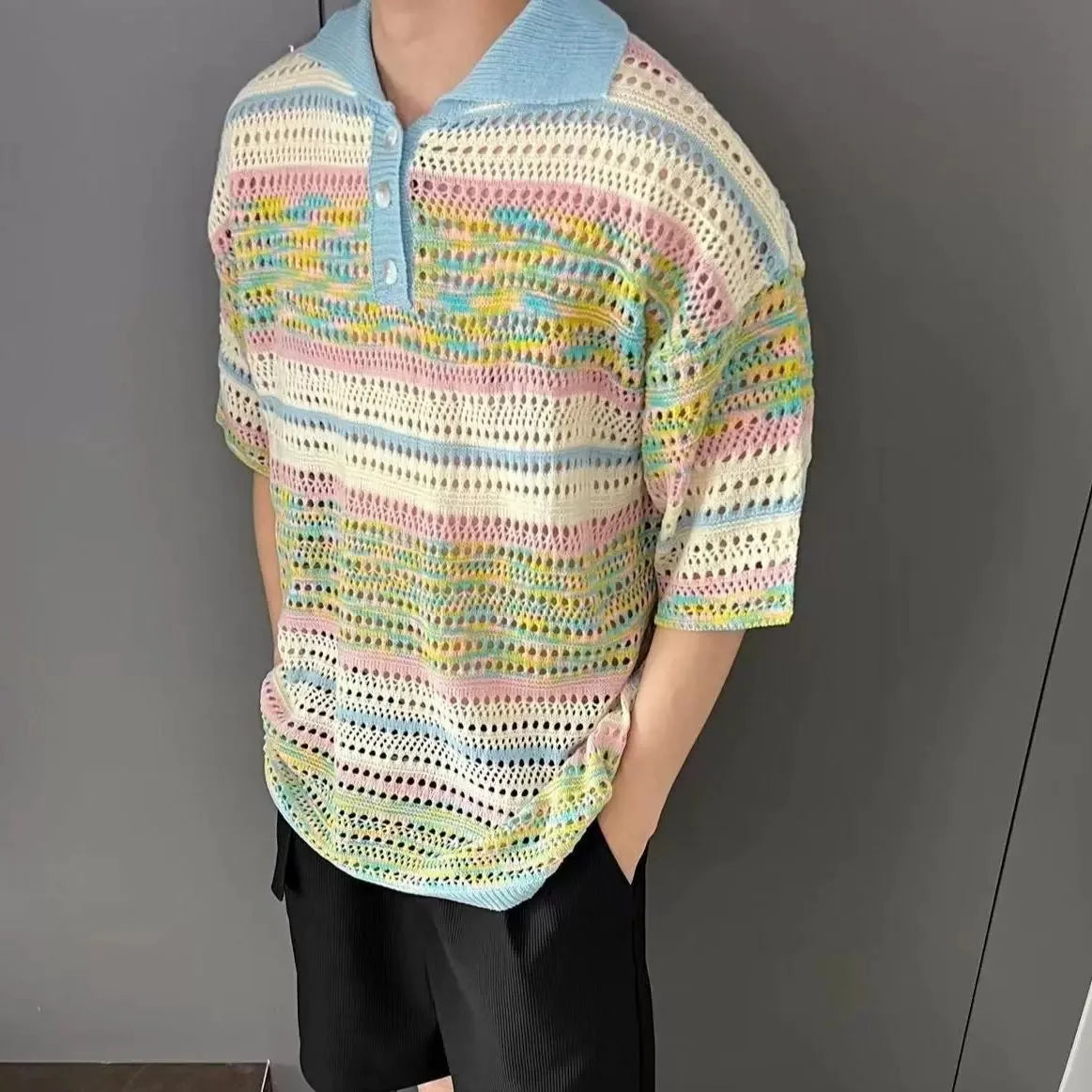 Wiaofellas  -  Summer Ice Silk Cool Polo Shirt Men Loose Trendy Color Block Hollow T-shirt Knitted Hong Kong Style Couple Short sleeve Tops