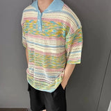 Wiaofellas  -  Summer Ice Silk Cool Polo Shirt Men Loose Trendy Color Block Hollow T-shirt Knitted Hong Kong Style Couple Short sleeve Tops