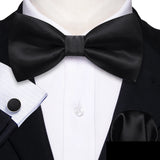 Wiaofellas Formal Black Silk Mens Bow Tie Jacquard Plain Solid Pre-Tied Bowtie Hanky Cufflinks Set Male Wedding Business Prom