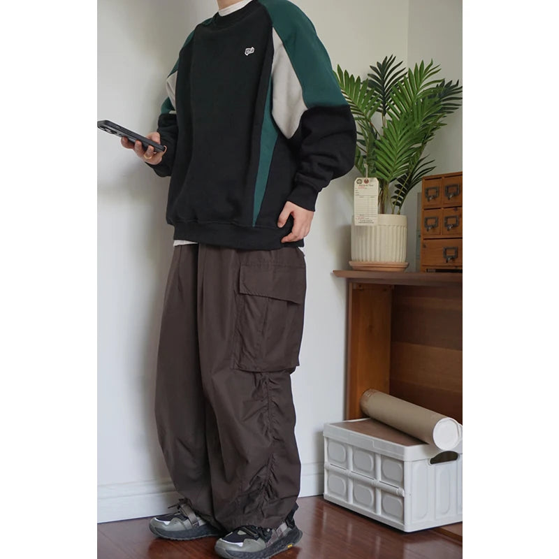 Wiaofellas  -  Japan fashion Retro Geometric Color Matching Design Men's and Women's round Neck Loose Casual Fleece-lined Pullove...