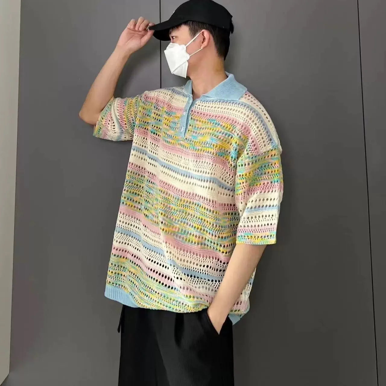 Wiaofellas  -  Summer Ice Silk Cool Polo Shirt Men Loose Trendy Color Block Hollow T-shirt Knitted Hong Kong Style Couple Short sleeve Tops