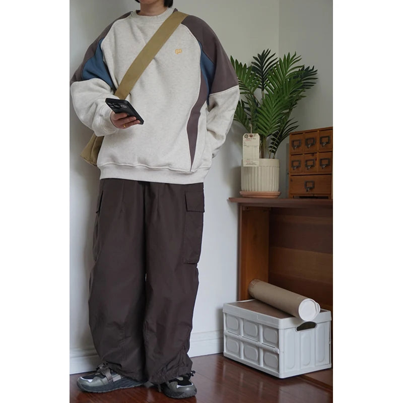 Wiaofellas  -  Japan fashion Retro Geometric Color Matching Design Men's and Women's round Neck Loose Casual Fleece-lined Pullove...