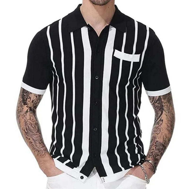 Wiaofellas  -  guys clothing style Summer Clothing Men's Light Luxury Knitted Short Sleeve Polo Shirt Vintage Striped Button-down T-shirt for Men Fashion Knitwear