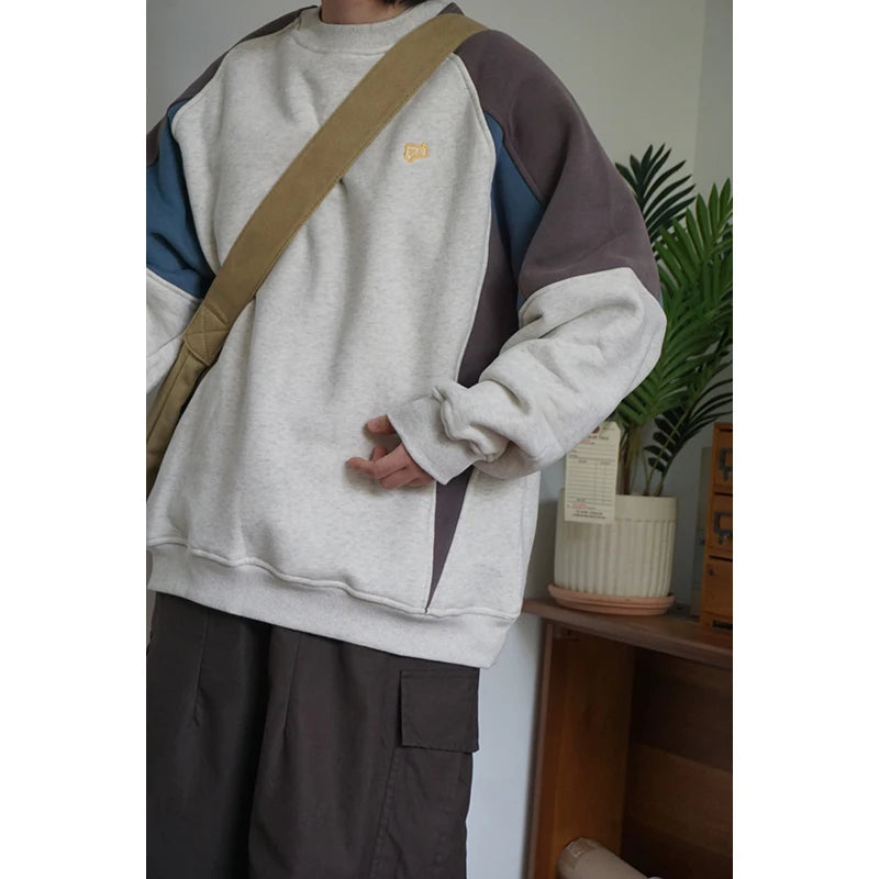 Wiaofellas  -  Japan fashion Retro Geometric Color Matching Design Men's and Women's round Neck Loose Casual Fleece-lined Pullove...