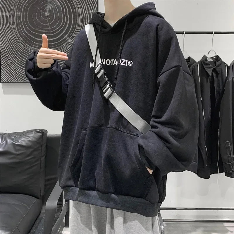 Wiaofellas  -  Male Clothes Hoodies White Sweatshirt For Men Hooded Simple Letter Loose Aesthetic New In Pastel Color Elegant Hot Offers Warm