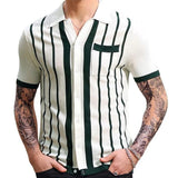 Wiaofellas  -  guys clothing style Summer Clothing Men's Light Luxury Knitted Short Sleeve Polo Shirt Vintage Striped Button-down T-shirt for Men Fashion Knitwear