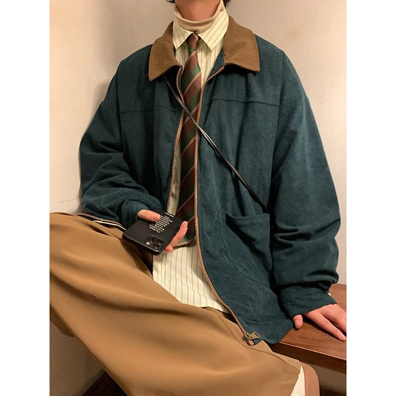 Wiaofellas New Jackets American Vintage High Street Zipper Jacket Men Autumn Winter Casual Male Oversize Loose Patchwork Corduroy Coat