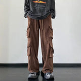 Wiaofellas Casual Vintage Multi-Pockets Straight Long Pant Y2K Solid Color Corduroy Trousers Street Fashion Leisure Loose Men's Cargo Pants
