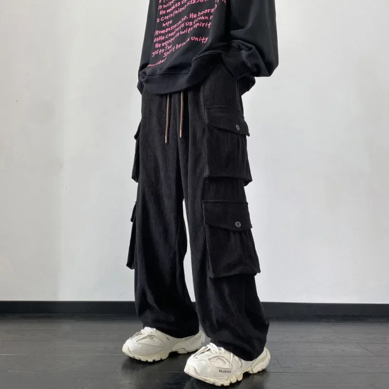 Wiaofellas Casual Vintage Multi-Pockets Straight Long Pant Y2K Solid Color Corduroy Trousers Street Fashion Leisure Loose Men's Cargo Pants