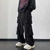 Wiaofellas Casual Vintage Multi-Pockets Straight Long Pant Y2K Solid Color Corduroy Trousers Street Fashion Leisure Loose Men's Cargo Pants