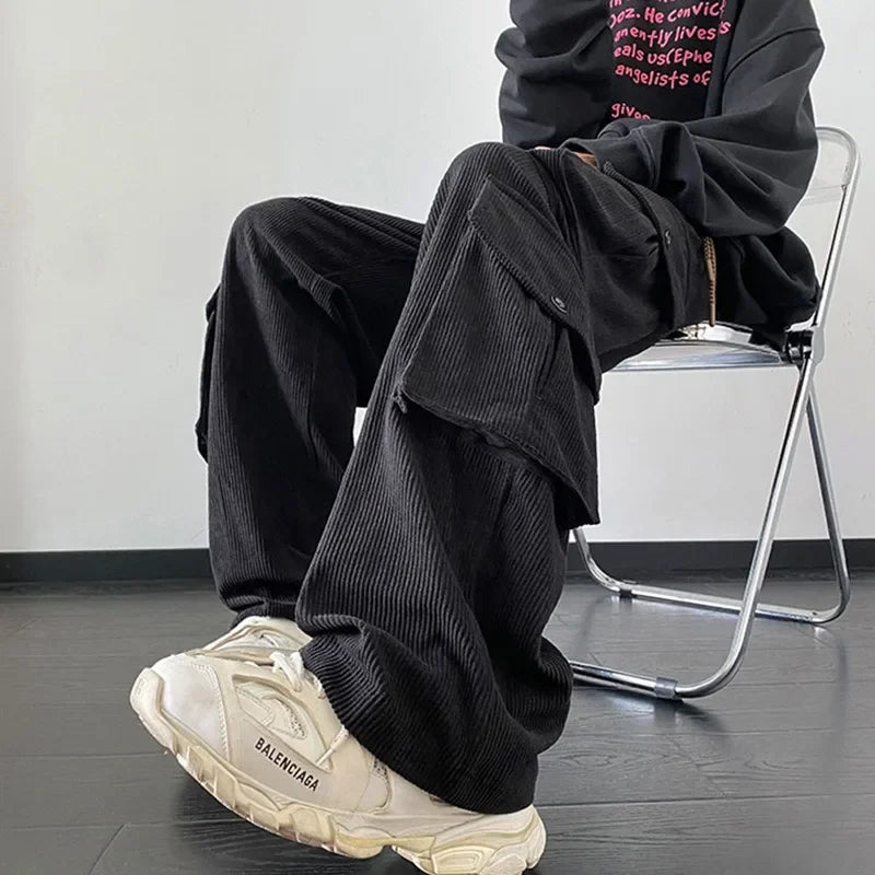 Wiaofellas Casual Vintage Multi-Pockets Straight Long Pant Y2K Solid Color Corduroy Trousers Street Fashion Leisure Loose Men's Cargo Pants