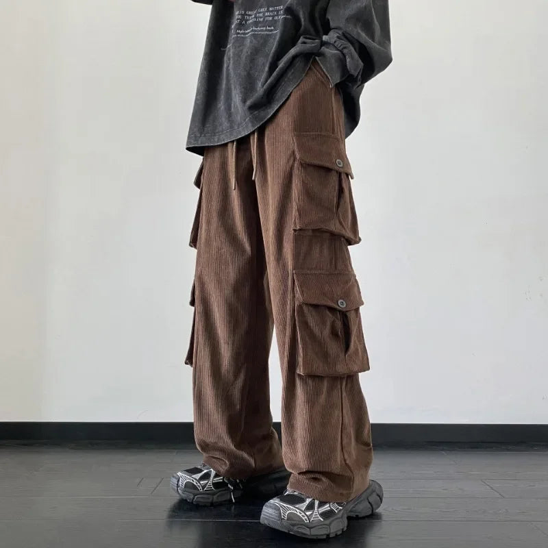 Wiaofellas Casual Vintage Multi-Pockets Straight Long Pant Y2K Solid Color Corduroy Trousers Street Fashion Leisure Loose Men's Cargo Pants