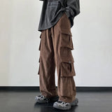 Wiaofellas Casual Vintage Multi-Pockets Straight Long Pant Y2K Solid Color Corduroy Trousers Street Fashion Leisure Loose Men's Cargo Pants