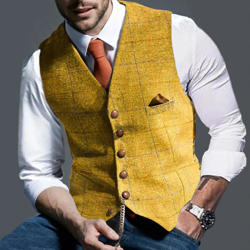 Wiaofellas Autumn Men's Vest Jacket Men Popular Plaid Slim Fit Vest Sleeveless V Neck Business Single Breasted Button Pocket