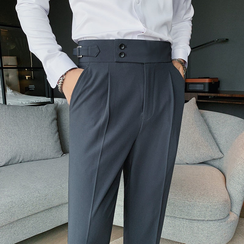 Wiaofellas New Design Men High Waist Trousers Solid England Business Casual Suit Pants Belt Straight Slim Fit Bottoms White Clothing