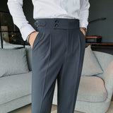 Wiaofellas New Design Men High Waist Trousers Solid England Business Casual Suit Pants Belt Straight Slim Fit Bottoms White Clothing