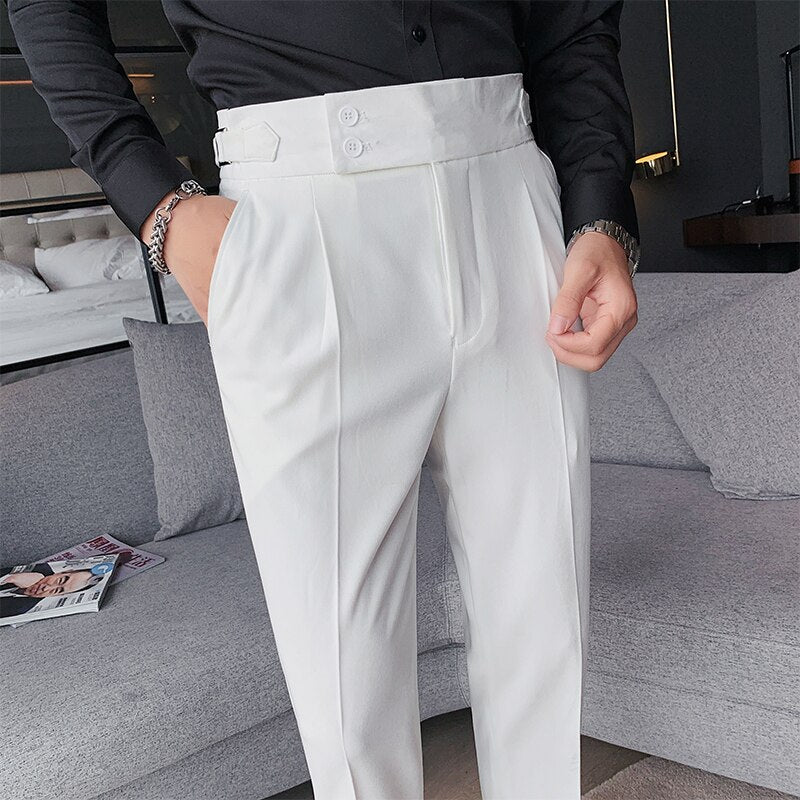 Wiaofellas New Design Men High Waist Trousers Solid England Business Casual Suit Pants Belt Straight Slim Fit Bottoms White Clothing