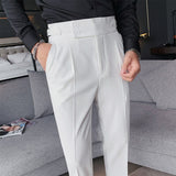 Wiaofellas New Design Men High Waist Trousers Solid England Business Casual Suit Pants Belt Straight Slim Fit Bottoms White Clothing