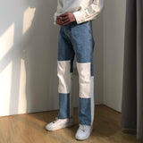Wiaofellas Blue White Spliced Jeans Men's Fashion Baggy Jeans Autumn Straight Pantalettes Hip Hop Jeans Vintage Jeans Mens Loose Jeans