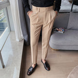 Wiaofellas New Design Men High Waist Trousers Solid England Business Casual Suit Pants Belt Straight Slim Fit Bottoms White Clothing