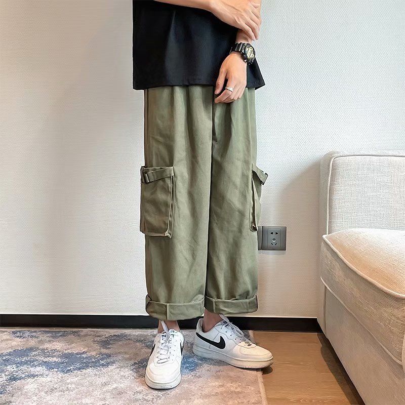 Wiaofellas Cotton Black Cargo Pants Men Wide Leg Skateboard Pants Harajuku Streetwear Ankle Length Trousers Techwear Clothes