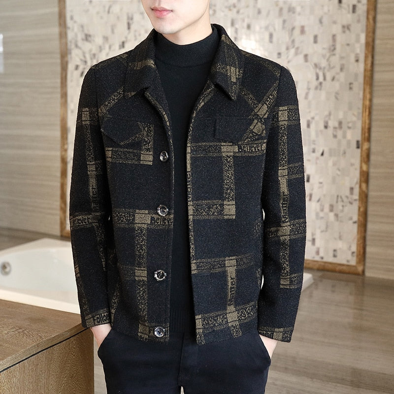Wiaofellas Men's woolen plaid short jacket tops new men's autumn and winter fashion casual lapel slim-fitting woolen trench coat S-4XL