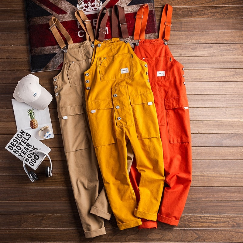 Wiaofellas Fashion Men Jumpsuit Bib Pants Solid Joggers Pockets Streetwear Loose Cotton Straps Suspender Mens Cargo Overalls Rompers