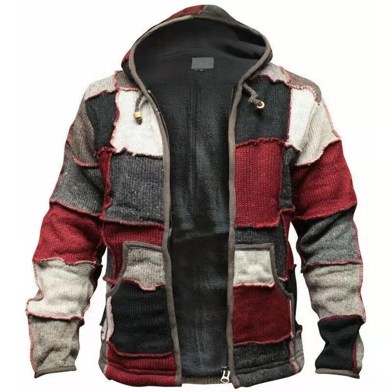 Wiaofellas New Men Cardigan Hooded Coat Casual Loose Ethnic Long Sleeve Vintage Patchwork Knitted Jacket Male Outwear Pluse Size S-6XL