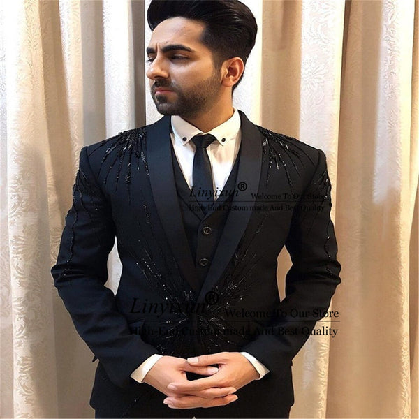 Black Peak Lapel Beaded 3-Piece Men Suits