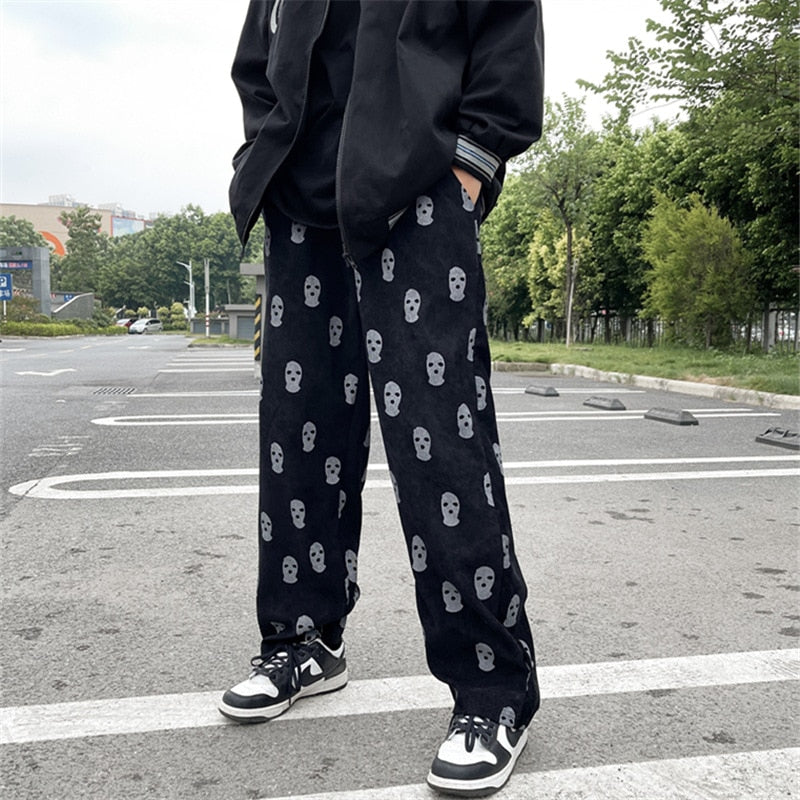 Wiaofellas Preppy Style Skull Full Print Drawstring Casual Corduroy Men Baggy Pants Hip Hop Straight Sweatpants Male Loose Trousers