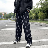 Wiaofellas Preppy Style Skull Full Print Drawstring Casual Corduroy Men Baggy Pants Hip Hop Straight Sweatpants Male Loose Trousers