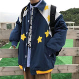Wiaofellas Men's Fashion Trend Couple Clothes Streetwear Baseball Jacket Loose Star Printed Coats Lapel Collar Blue Color Outerwear