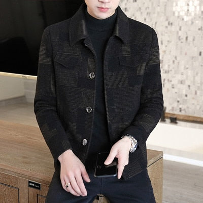 Wiaofellas Men's woolen plaid short jacket tops new men's autumn and winter fashion casual lapel slim-fitting woolen trench coat S-4XL