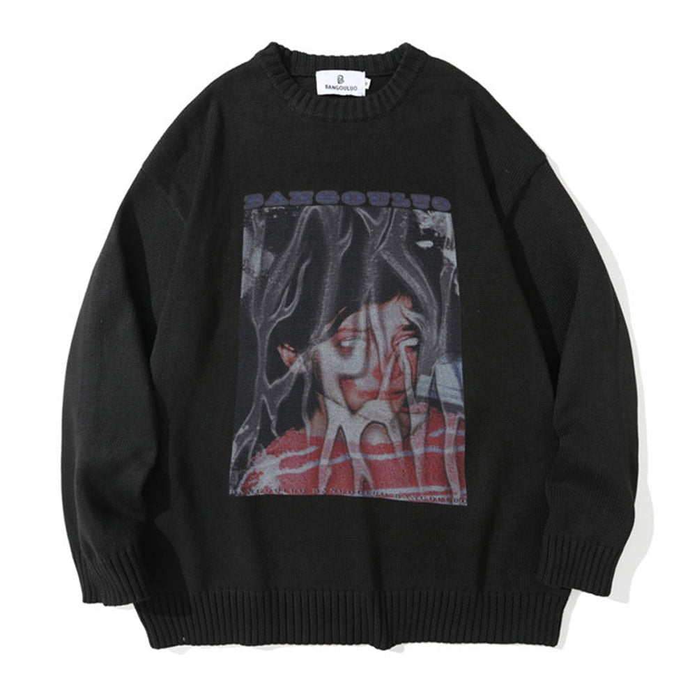 Wiaofellas Knitted Sweater Men Hip Hop Abstract Portrait Pattern Oversized Pullover Women Autumn Street Harajuku Cotton Warm Sweater Unisex