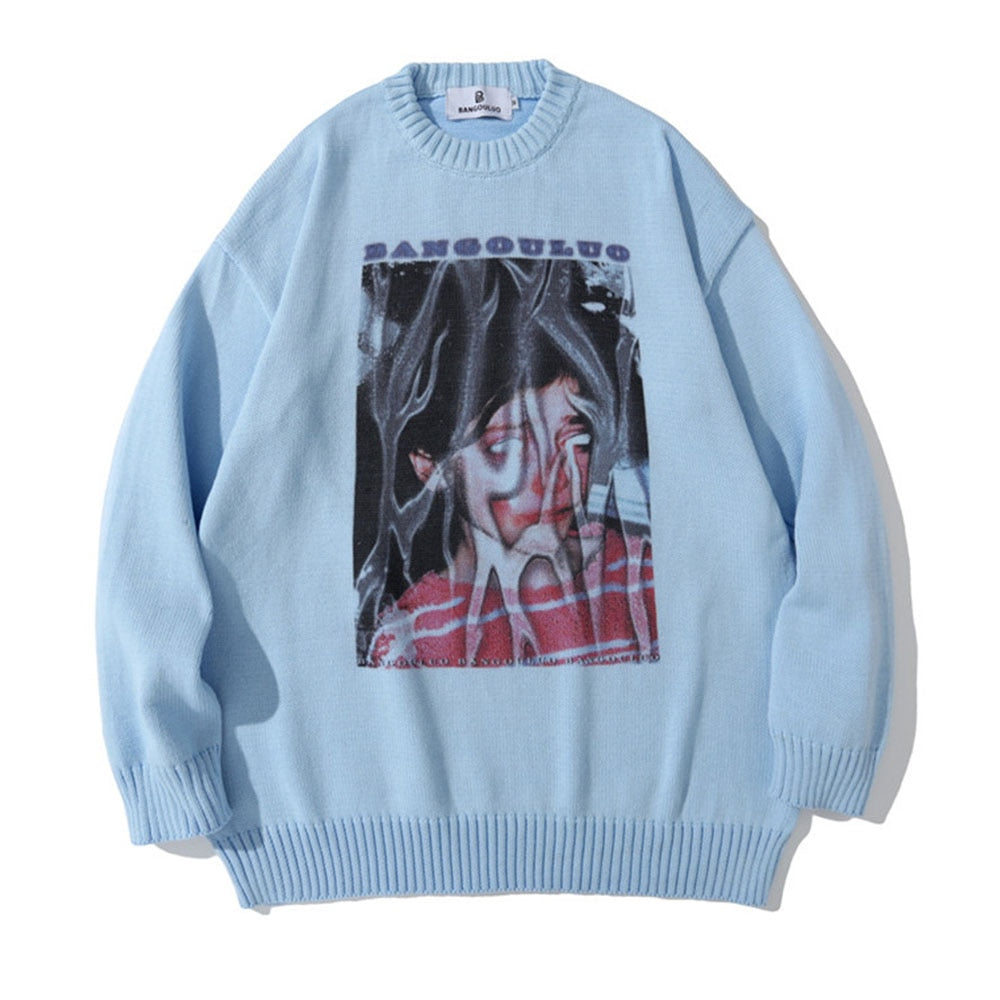 Wiaofellas Knitted Sweater Men Hip Hop Abstract Portrait Pattern Oversized Pullover Women Autumn Street Harajuku Cotton Warm Sweater Unisex