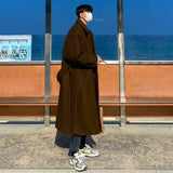 Wiaofellas Tweed Overcoat Men's Autumn Winter Long Coat Loose Knee-length New Korean British Thickened Belted Woolen Jacket D1221