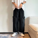 Wiaofellas Cotton Black Cargo Pants Men Wide Leg Skateboard Pants Harajuku Streetwear Ankle Length Trousers Techwear Clothes