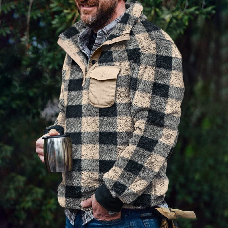 Wiaofellas Fashion Plaid Woolen Jumpers Mens Autumn Winter Warm Long Sleeve Loose Sweaters Casual Turn-down Collar Tops Men Streetwear
