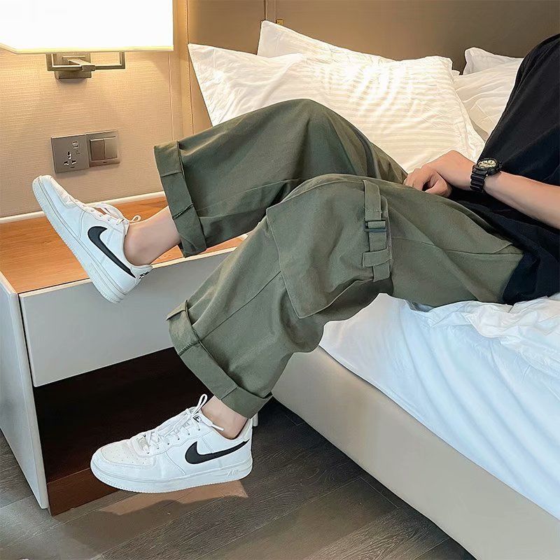 Wiaofellas Cotton Black Cargo Pants Men Wide Leg Skateboard Pants Harajuku Streetwear Ankle Length Trousers Techwear Clothes