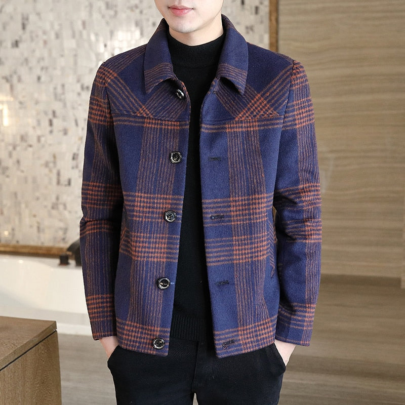 Wiaofellas Men's woolen plaid short jacket tops new men's autumn and winter fashion casual lapel slim-fitting woolen trench coat S-4XL