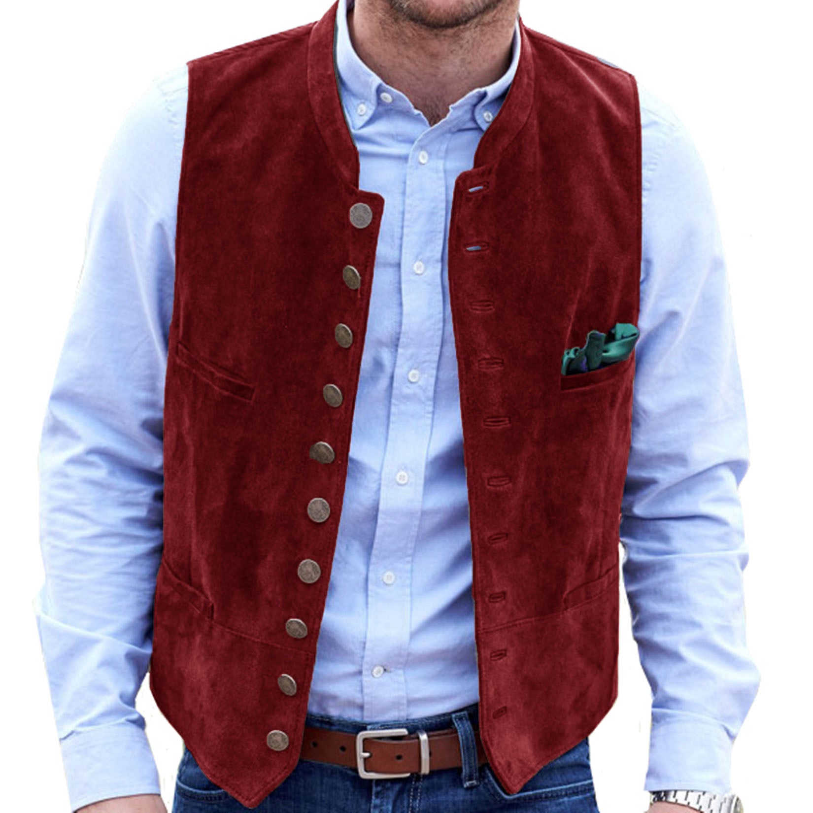 Wiaofellas Men's Vest Suede Suit Vest Casual Steampunk Style Waistcoat Round Neck Single Breasted Sleeveless