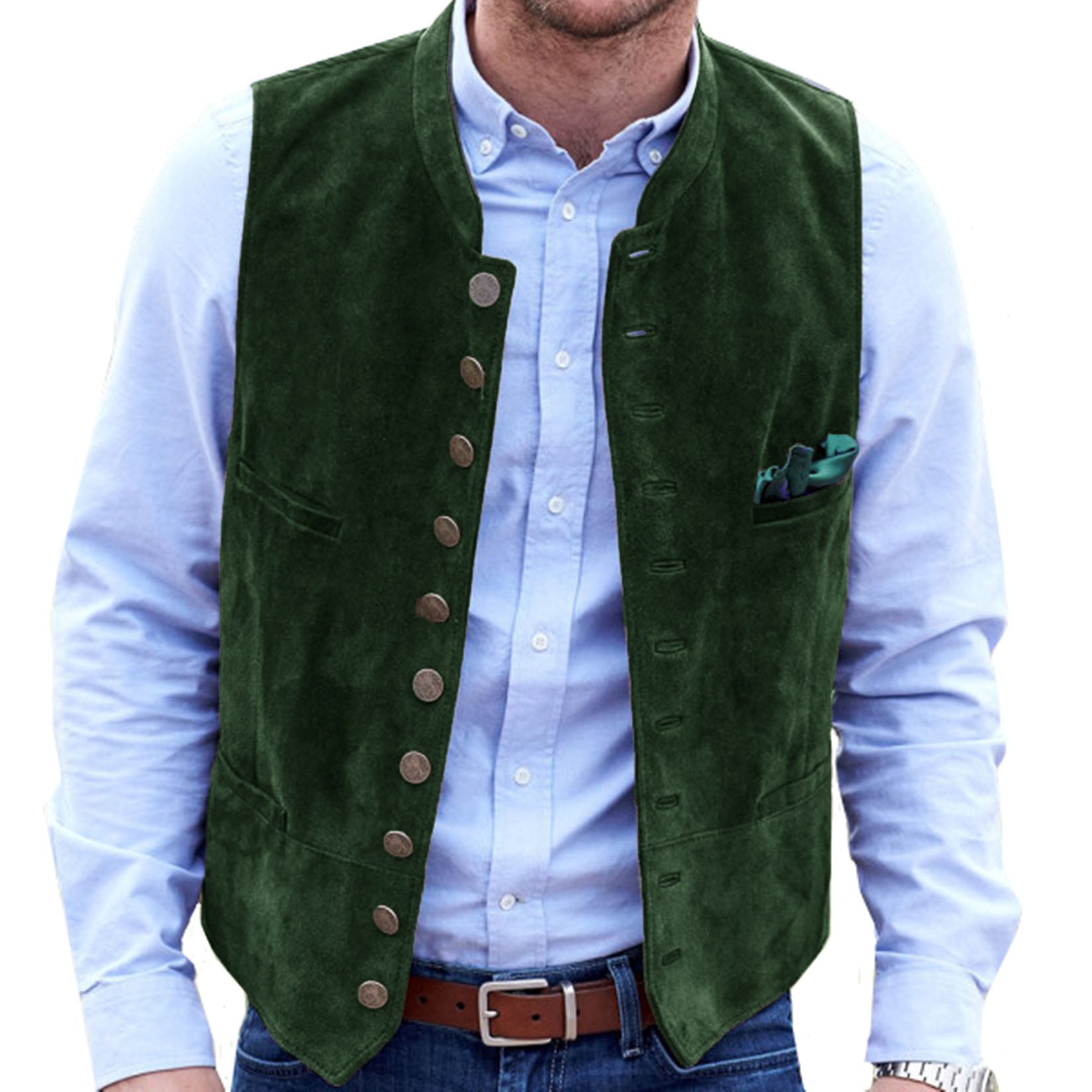 Wiaofellas Men's Vest Suede Suit Vest Casual Steampunk Style Waistcoat Round Neck Single Breasted Sleeveless
