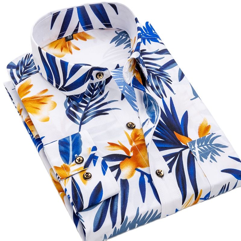 Wiaofellas Men's Long Sleeve Printed Casual Shirt Fashion Trun-down Collar Wedding Party Shirts Soft Hawaiian Holiday Summer Shirt