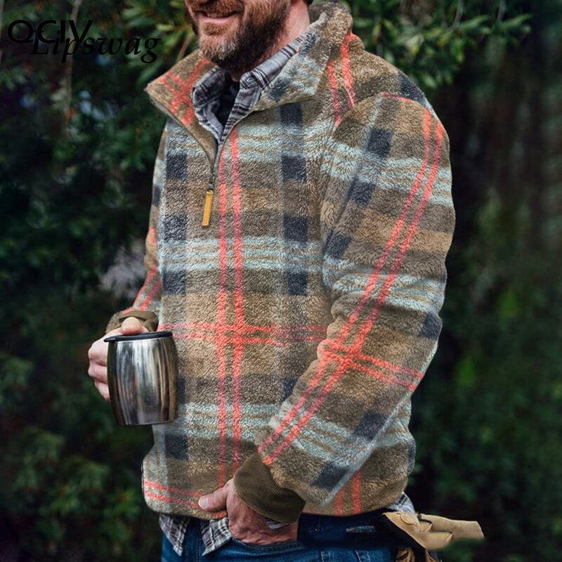 Wiaofellas Fashion Plaid Woolen Jumpers Mens Autumn Winter Warm Long Sleeve Loose Sweaters Casual Turn-down Collar Tops Men Streetwear