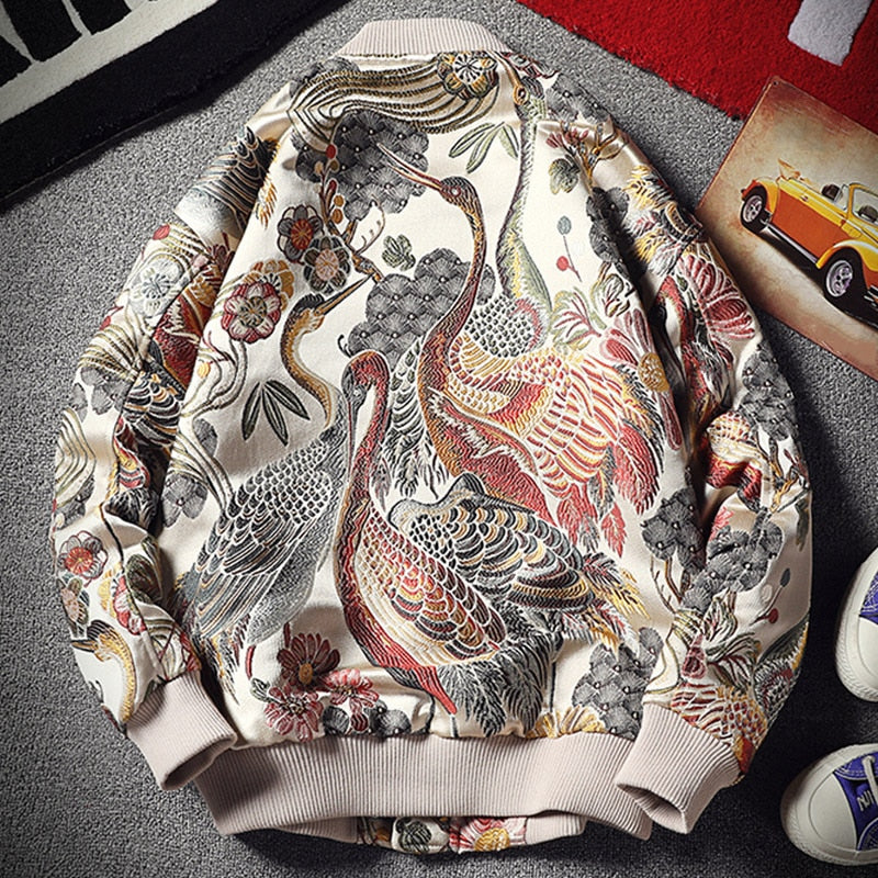 Wiaofellas Japan Style Mens Floral & Crane Embroidery Bomber Jacket Stand Collar Men Streetwear College Baseball Jackets Autumn Coat