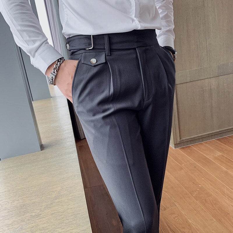 Wiaofellas New Design Men High Waist Trousers Solid England Business Casual Suit Pants Belt Straight Slim Fit Bottoms White Clothing